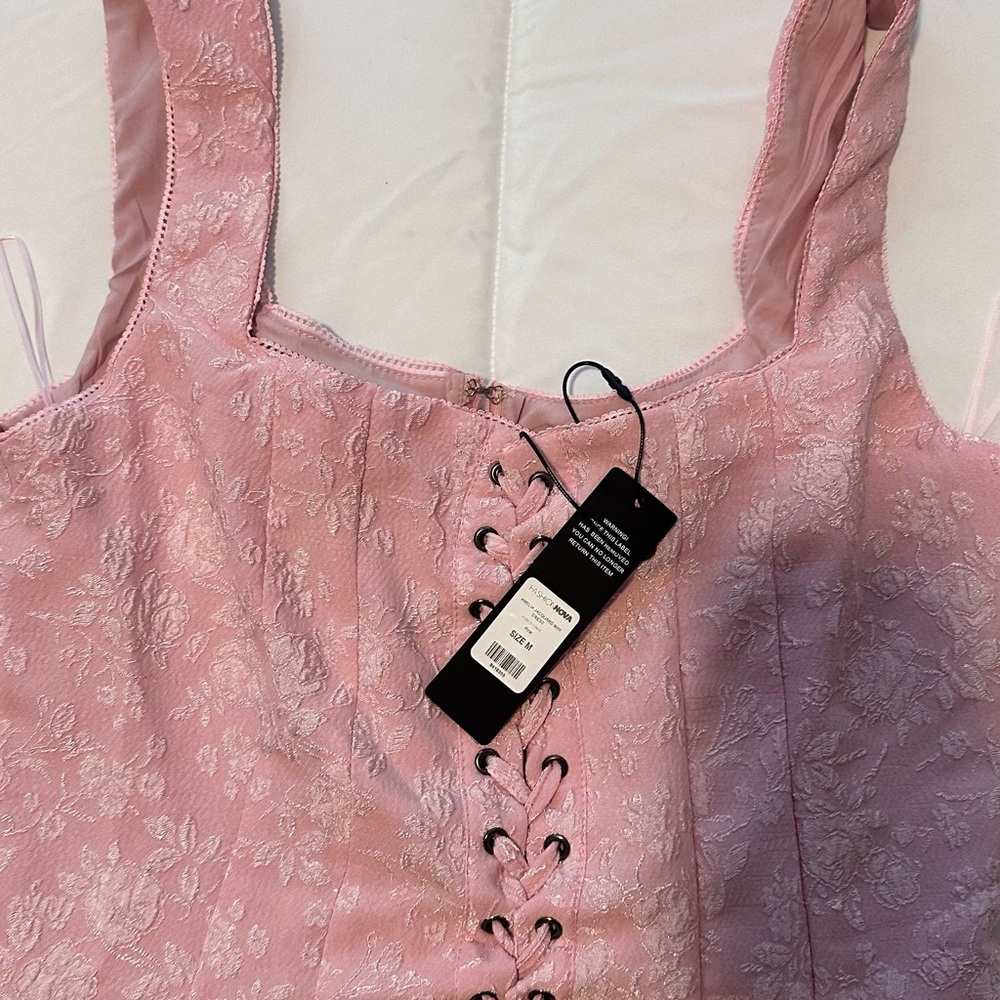 Pink Lace-Up Corset Dress- Fashion Nova- Amelia Jacquard Mini Dress Never Worn